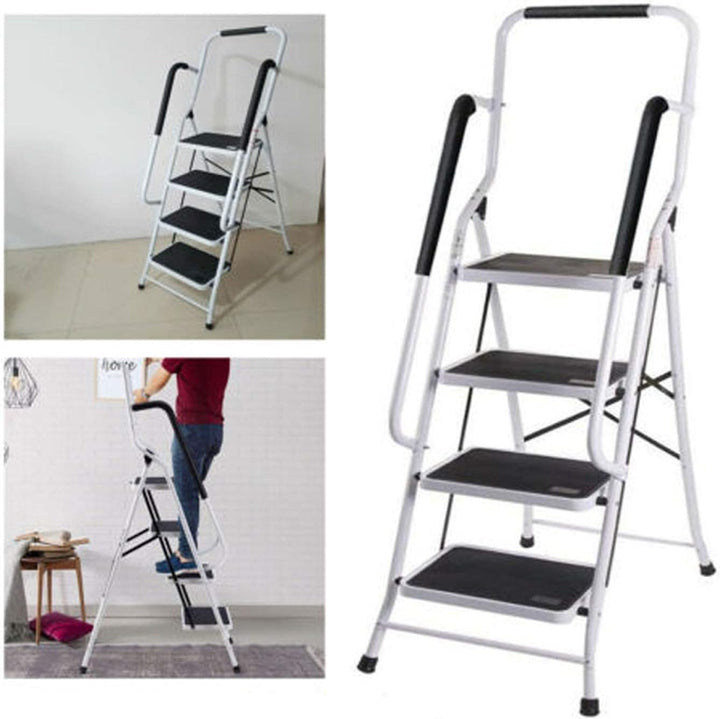 Huini Tritthocker 4 Stufen Trittleiter mit Handlauf Stahl Klapptritt Haushaltstritt Stehleiter Klapp