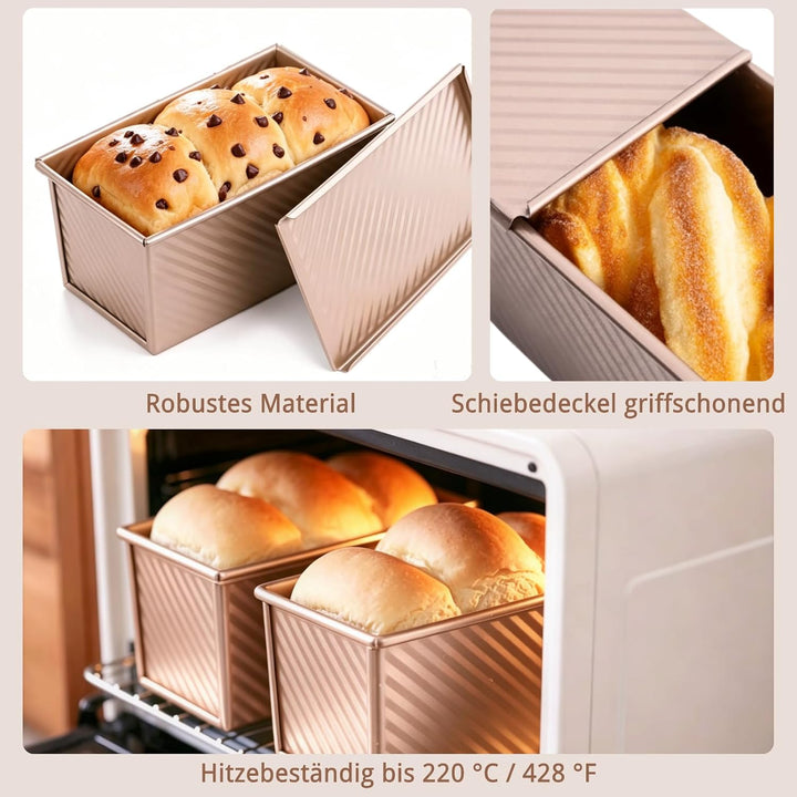 2er Set Brotbackform Rechteckig Edelstahl mit Deckel 19/21cm | Toastbrot Backform mit Zubehör, Roség