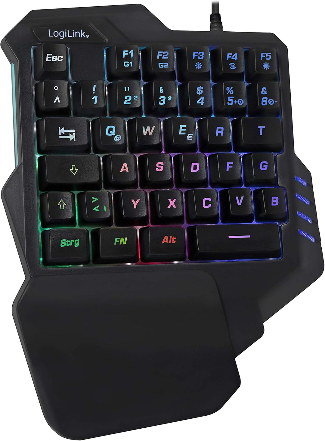 LogiLink Beleuchtete Einhand-Gaming Tastatur mit ergonomischer Handauflage und grossartigen Lichteff