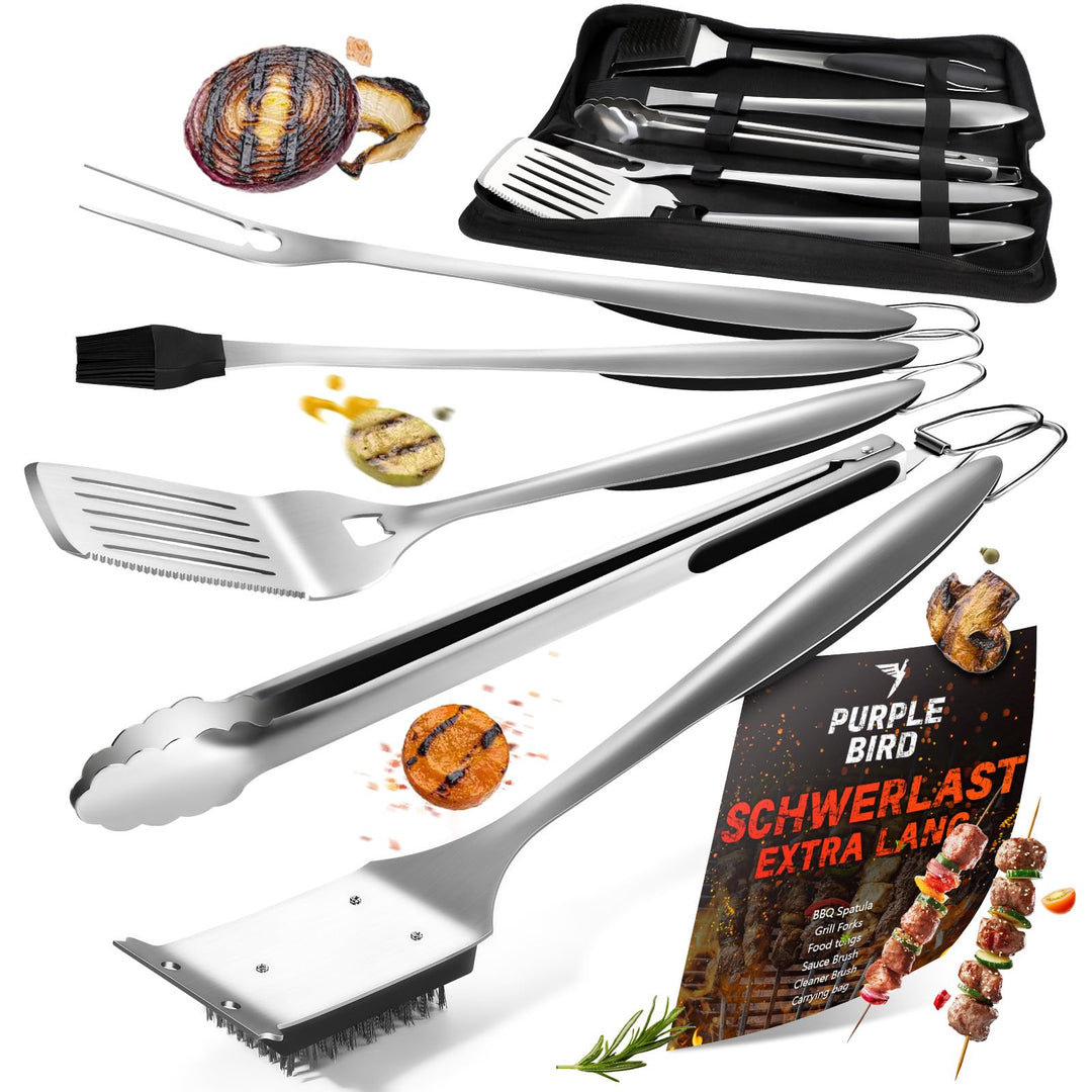 PURPLEBIRD Premium Grillzubehör Set aus Edelstahl - 6-teilig mit 3-in-1 Spatel, Gabel, Zange, Bürste