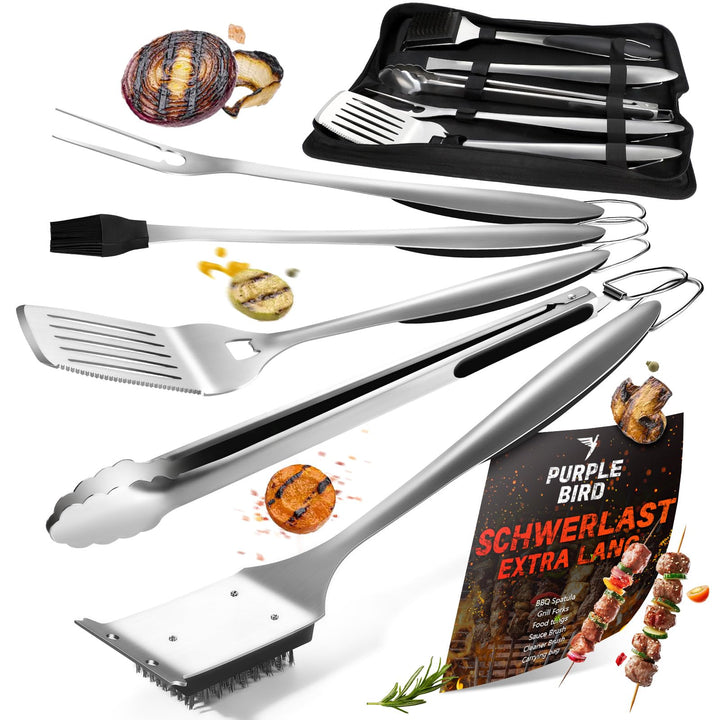 PURPLEBIRD Premium Grillzubehör Set aus Edelstahl - 6-teilig mit 3-in-1 Spatel, Gabel, Zange, Bürste