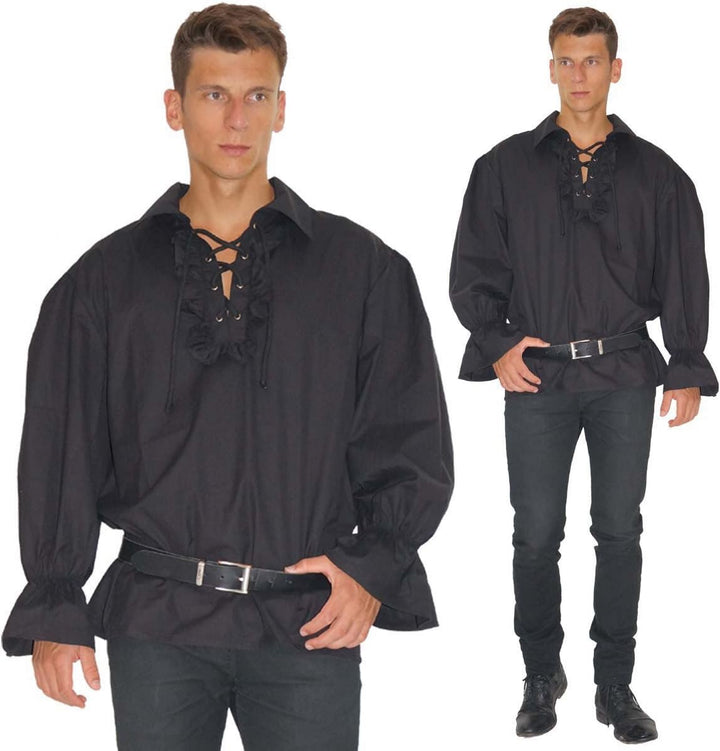 MAYLYNN 147111-XXL - Piratenhemd Rüschenhemd Mittelalter Hemd, Grösse XXL, schwarz XXL Schwarz, XXL