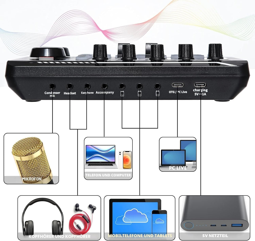 Live-Soundkarte und Audio-Interface mit DJ-Mixer-Effekten und Sprach-Wechsler, F998 Bluetooth Stereo