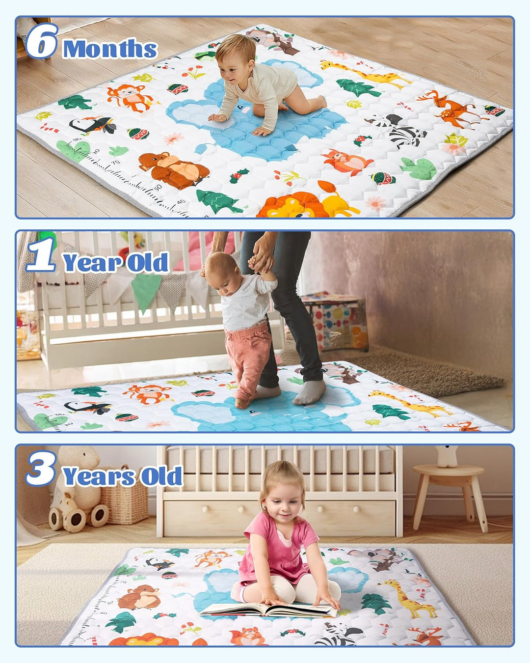 Funsland Krabbelteppich für Baby, Rutschfeste Baby Spielmatte Schadstofffrei 127x127cm, Baumwolle Ti