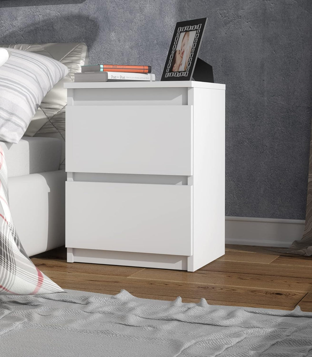 meble masztalerz Nachttisch Weiss Matt 2 Schubladen 40 cm Nachtkommode, grifflose Schubladen, Nachts