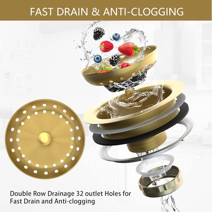 Küchenspüle Abfluss Gold Spülbecken Abflusssieb mit festem Pfosten 8,9 cm Küchenablauf Montage mit S