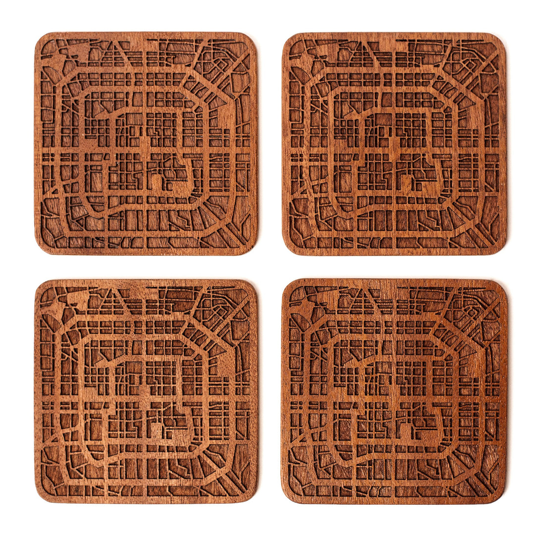 Peking Untersetzer mit Landkarte aus Sapeli-Holz, 4 Stück, mit Stadtkarte, mehrere Stadt optional, h