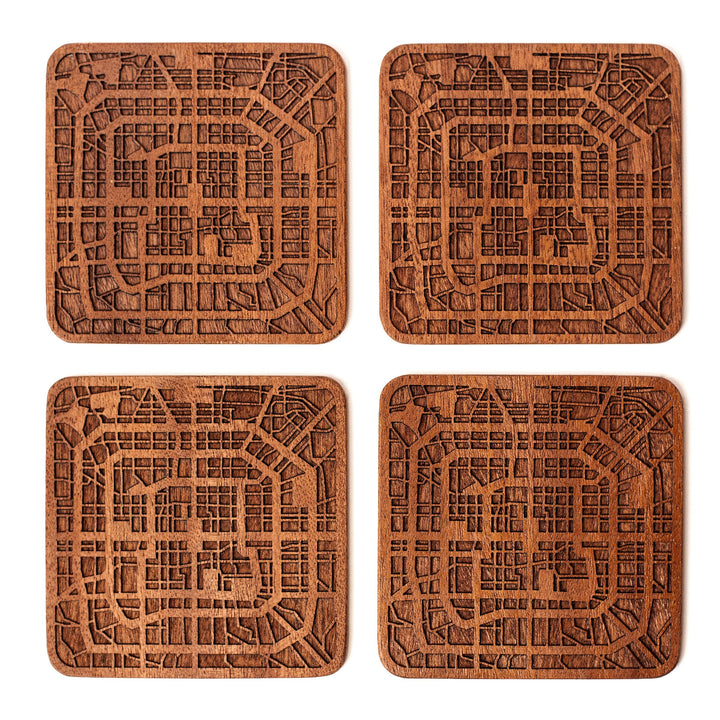 Peking Untersetzer mit Landkarte aus Sapeli-Holz, 4 Stück, mit Stadtkarte, mehrere Stadt optional, h