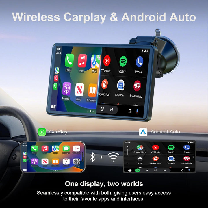 7" Drahtloses Tragbares Car Play Display für Apple CarPlay & Android Auto mit Bluetooth, Mirror Link