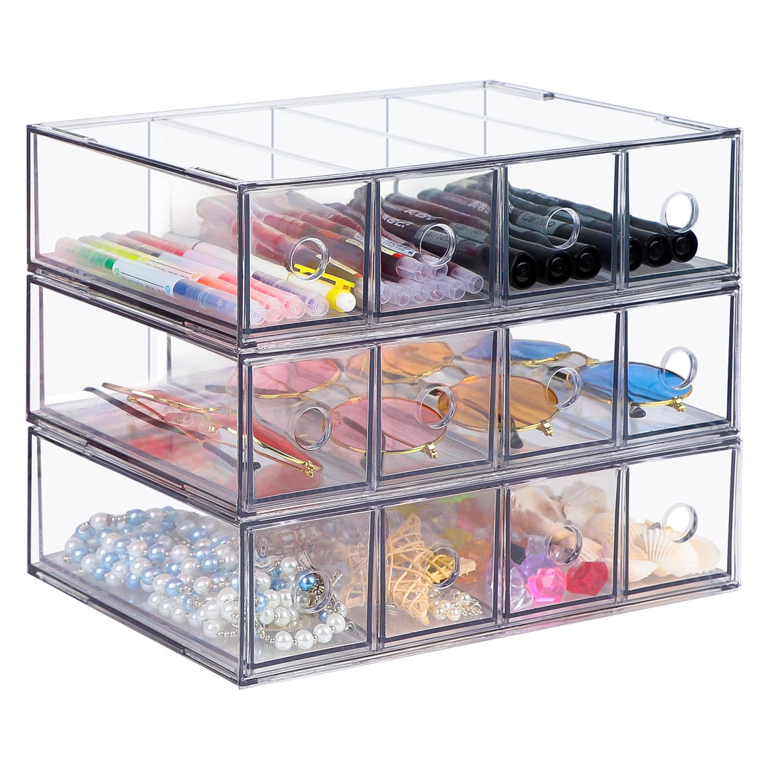 SUPAWAY 3 Stück Schubladenorganizer mit 12 Fächern Schubladenbox Stapelbar Schreibtisch-Organizer mi