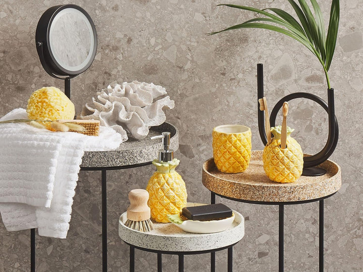 Badezimmer Set gelb 4-teilig aus Naturstein Dolomit Ananasmotiv Maicao