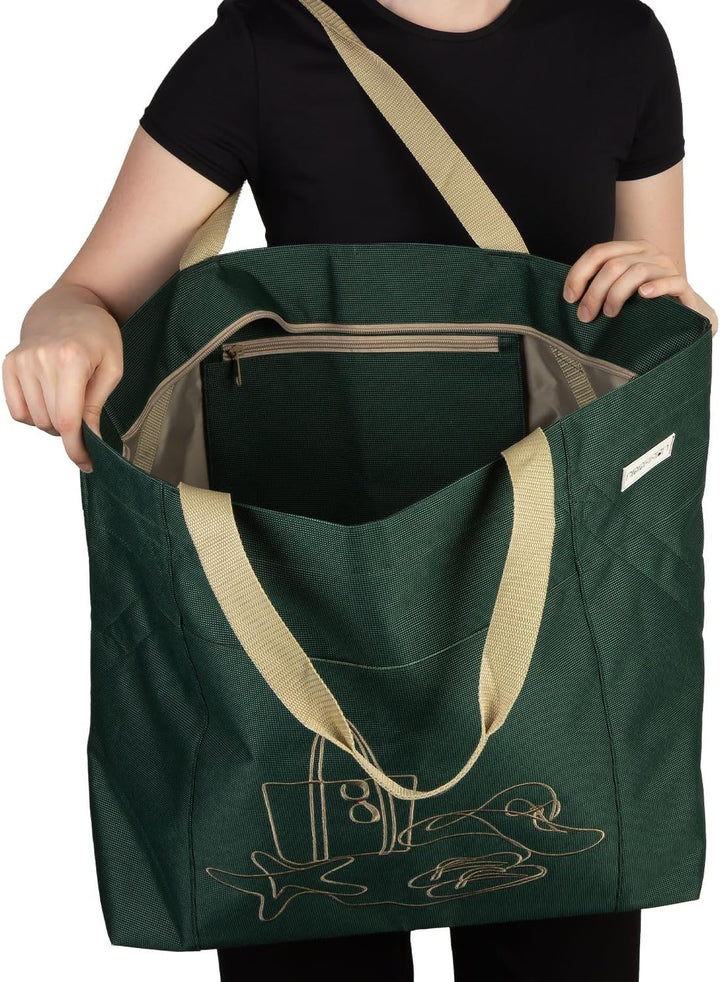 anndora XXL Shopper GREEN - Strandtasche 40 Liter Schultertasche Einkaufstasche dunkelgrün bestickt,