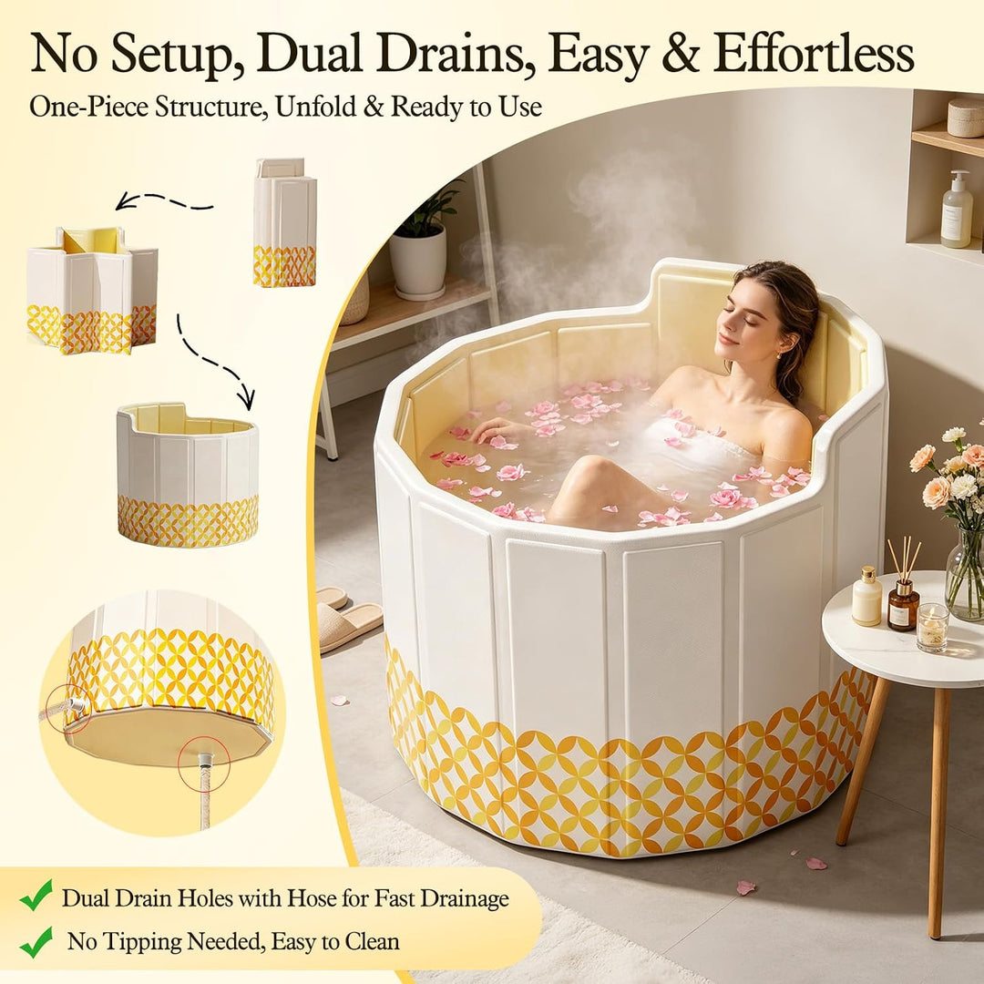 Faltbare Mobile Badewanne 80cm,Gelb,mit Abflussrohr,5*Badematte | Eisbad & Warmwasser,5-Lagige Isoli