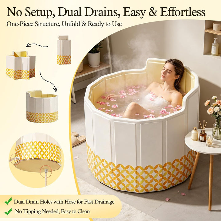 Faltbare Mobile Badewanne 80cm,Gelb,mit Abflussrohr,5*Badematte | Eisbad & Warmwasser,5-Lagige Isoli