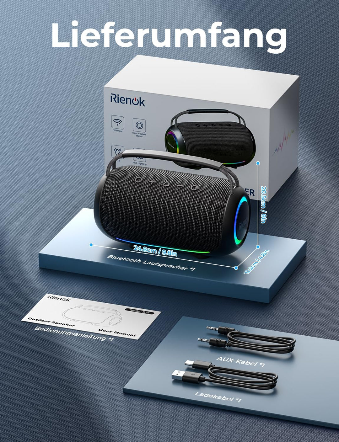 RIENOK Bluetooth Lautsprecher gross,Musikbox 80W, 30 Std. Laufzeit,IPX6 Lautsprecher, Bluetooth Box