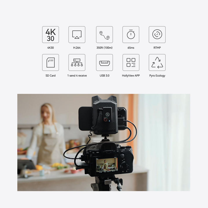 Hollyland Vcore 4K30/HD Funk-Videosystem: 4-Geräte-Überwachung, integrierter Akku, Speicherkartenslo