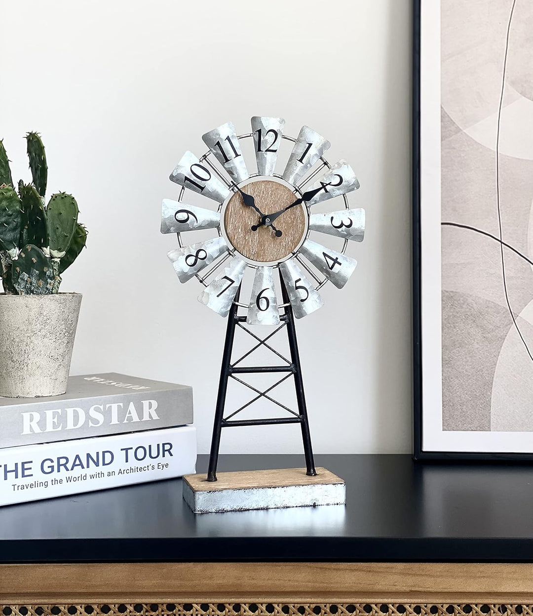 MODE HOME Verzinkte Windmühlen-Tischuhr auf Ständer, Vintage-Schreibtisch- und Regaluhr, dekorative