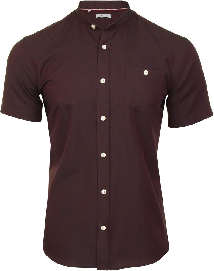 Xact Herren Oxford Grandad-Mandarinkragen Kurzarmhemd XL Dark Burgundy, XL Dark Burgundy