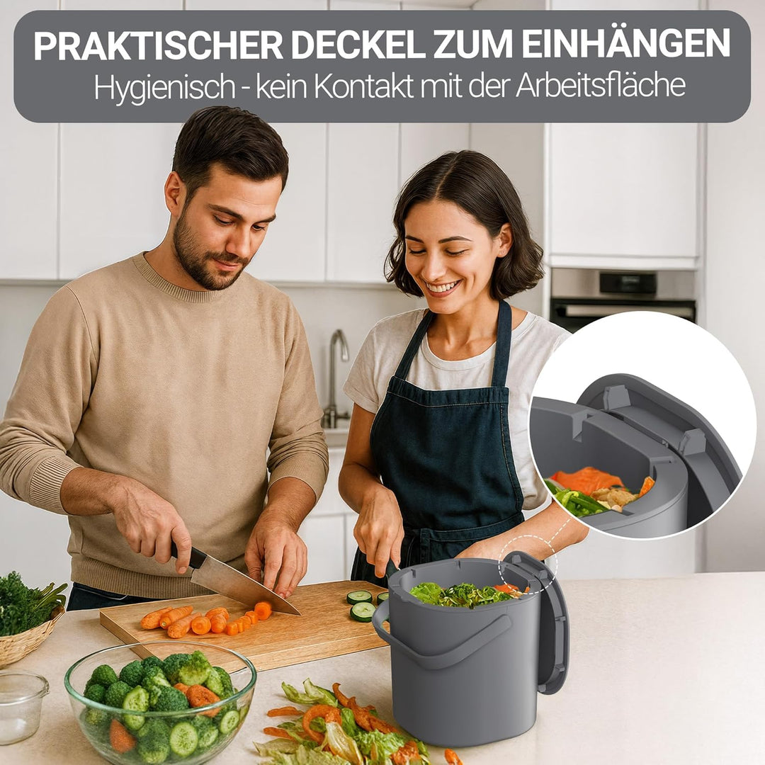 PTMS® Biomülleimer Küche 6L - Biomüll mit praktischem Deckel zum Einhängen & Innensieb - Spülmaschin