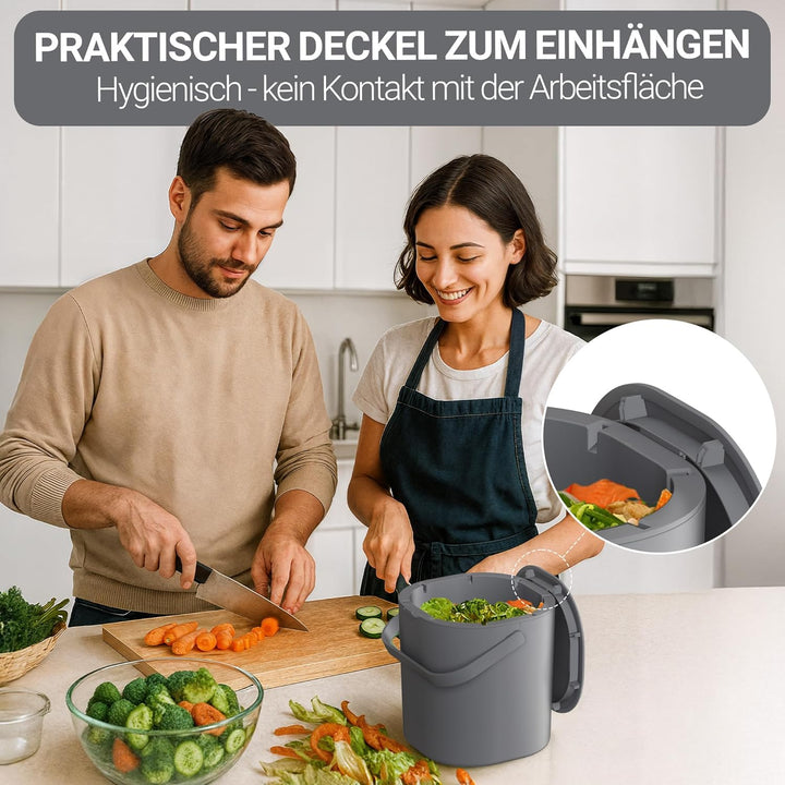 PTMS® Biomülleimer Küche 6L - Biomüll mit praktischem Deckel zum Einhängen & Innensieb - Spülmaschin