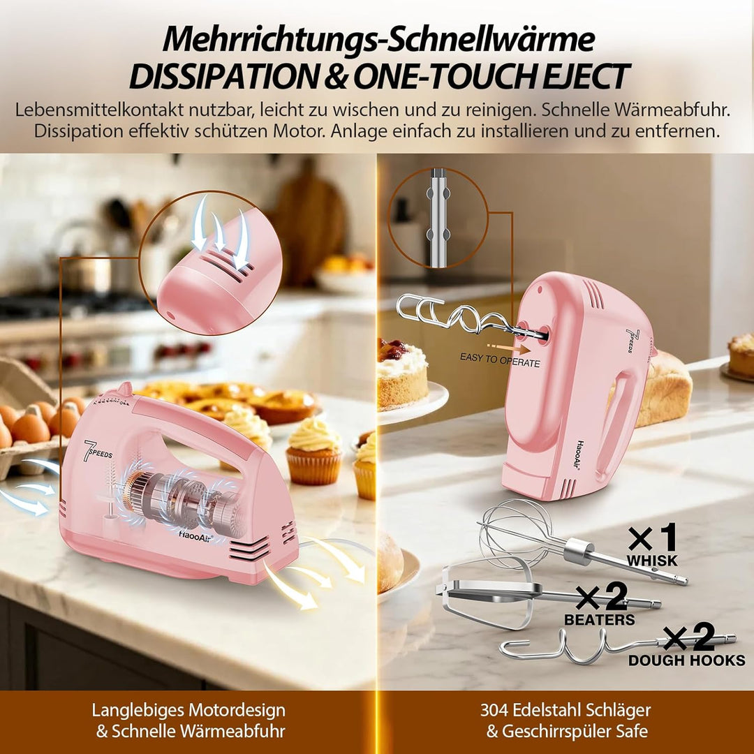 Handmixer, 7-stufig einstellbarer Küchenmixer, 304 Edelstahl-Zubehörteile (1X Schneebesen, 2X Knetha