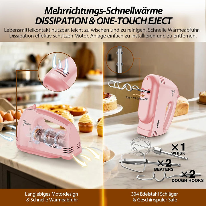 Handmixer, 7-stufig einstellbarer Küchenmixer, 304 Edelstahl-Zubehörteile (1X Schneebesen, 2X Knetha