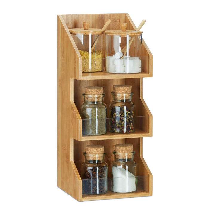 Relaxdays Organizer Bambus mit 3 Ebenen, offene Ablagefächer für Büro, Gewürzregal für Küche, HBT 41