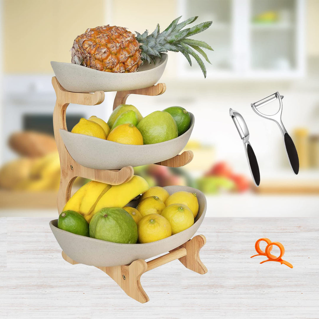 TonKeramik Obst Etagere Obstschale 3 Stöckig Porzellan Obstteller 3 Etagen mit Natürlichem Bambus St