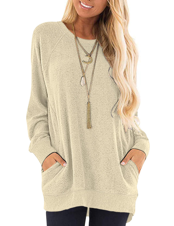 AUSELILY Damen Langarmshirts Rundhals T Shirts Blusen Tunika Sweatshirt Pullover Mit Taschen Beige02