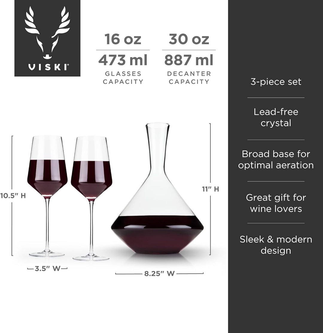 Viski Set of 3, Lead-Free Premium Crystal Clear Glass Modern Stemmed, Flat Bottom, Red Wine Gift, 16