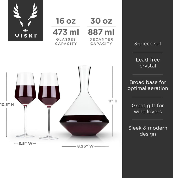 Viski Set of 3, Lead-Free Premium Crystal Clear Glass Modern Stemmed, Flat Bottom, Red Wine Gift, 16