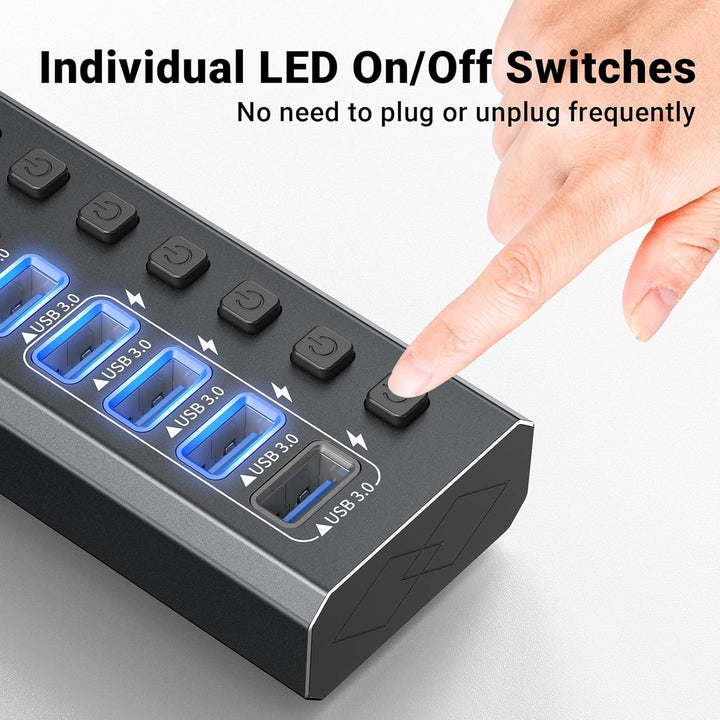 USB-3.0-Hub-betrieben, Aluminium, 7 USB-Ports, SuperSpeed-Daten-Hub mit 12 V/2 A Netzteil und indivi