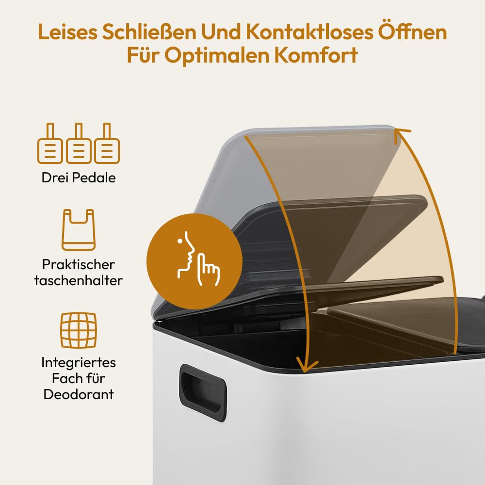 CASABEL Mülleimer Küche 60 L - Mülltrennsystem 3 x 20 L aus Rostfreiem Edelstahl, Rechteckiger Recyc