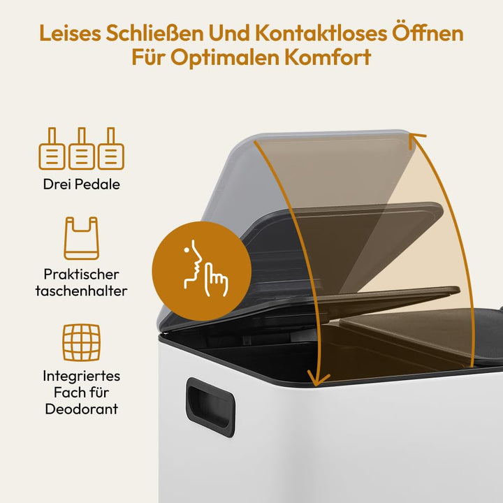 CASABEL Mülleimer Küche 60 L - Mülltrennsystem 3 x 20 L aus Rostfreiem Edelstahl, Rechteckiger Recyc