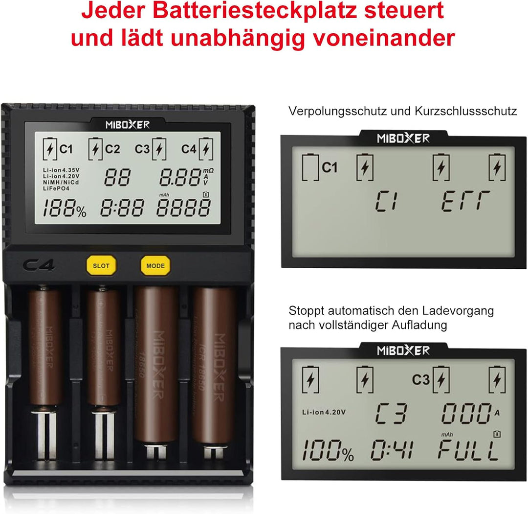 Universal akku Ladegerät, 18650 Baterieaufladegerät mit 4 Schacht, LCD-Display Batterien Ladegerät f