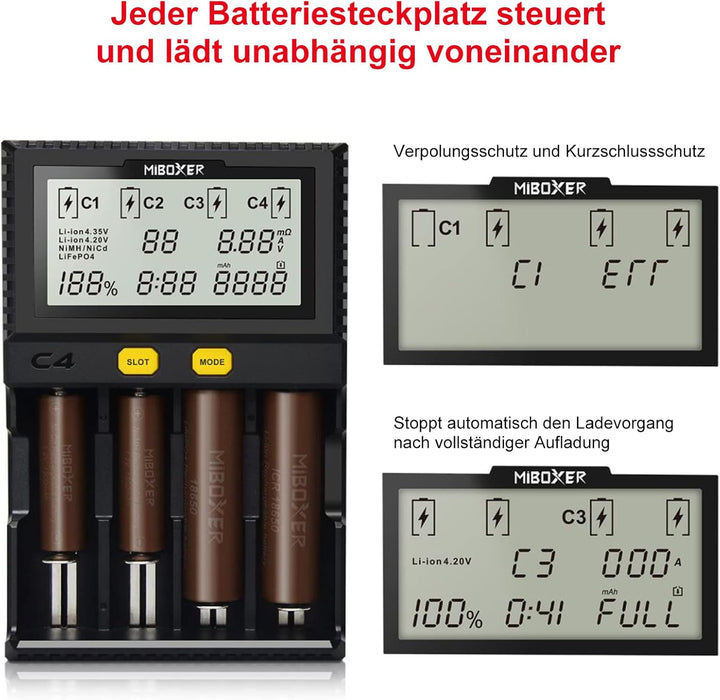 Universal akku Ladegerät, 18650 Baterieaufladegerät mit 4 Schacht, LCD-Display Batterien Ladegerät f