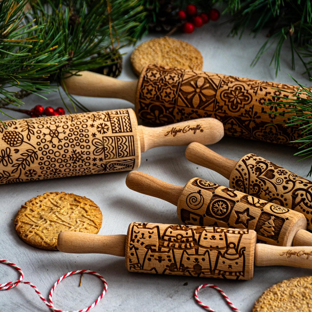 Kinder Nudelholz mit Muster WEIHNACHTSFEST Backen 3-er SET - Teigroller Holz für DIY Weihnachten Plä