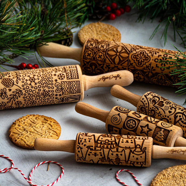 Kinder Nudelholz mit Muster WEIHNACHTSFEST Backen 3-er SET - Teigroller Holz für DIY Weihnachten Plä