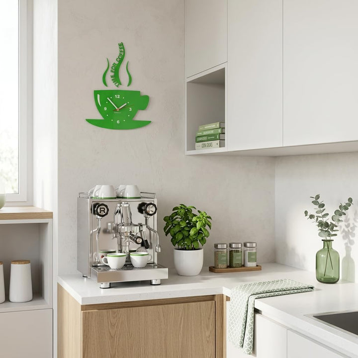 FLEXISTYLE Tasse Time for Coffee (Zeit für Kaffee) Moderne Küche Wanduhr grün, 3D römisch, wanduhr d