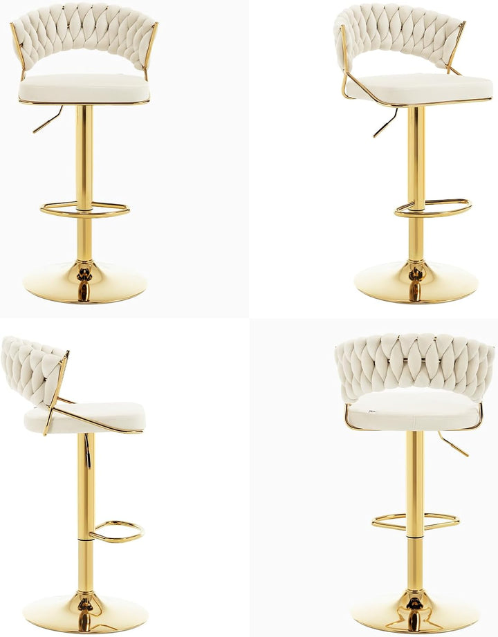 WOLTU Barhocker 2er Set, mit geflochtener Rückenlehne, Samthocker, Creme | Barstuhl 360° drehbar, hö