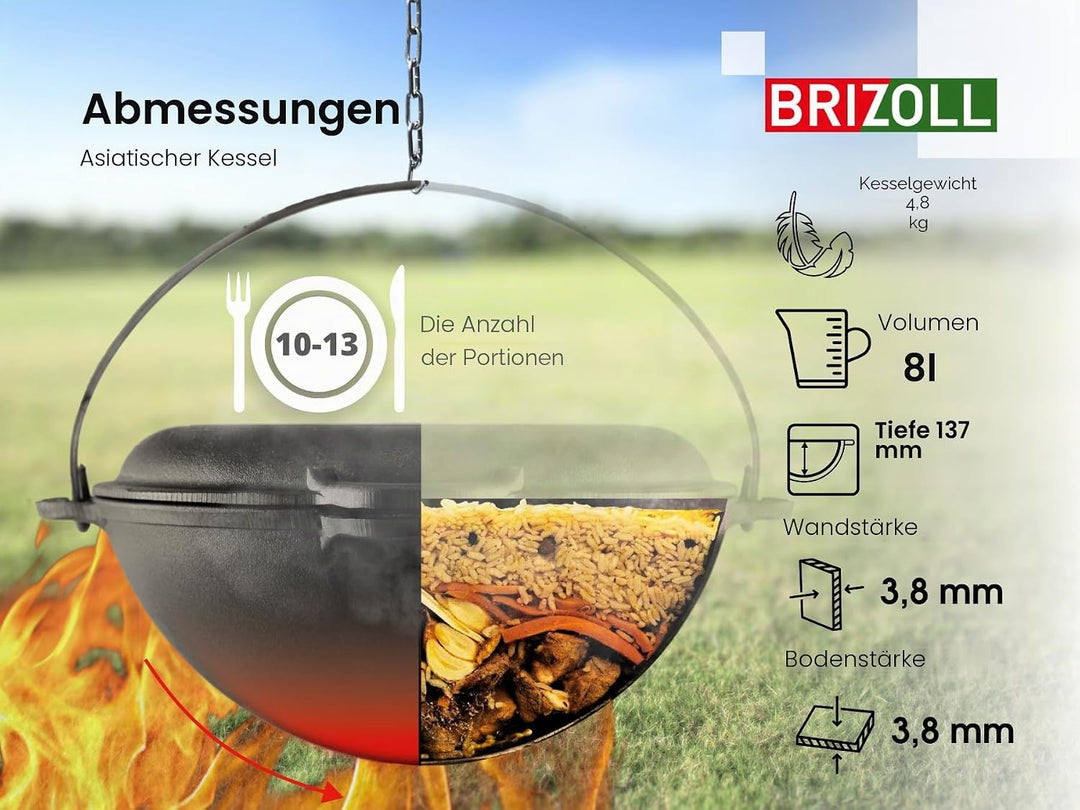 Brizoll Kazan Gusseisen Asian, mit Deckel, Bratpfanne, Dutch Oven, 8 l, Schwarz (KA08-3)