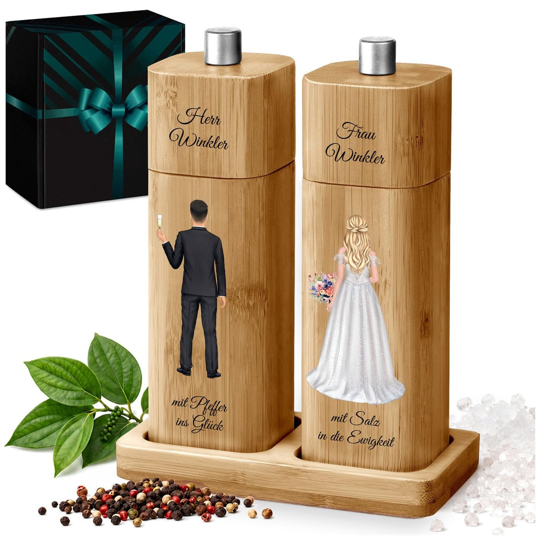 Maverton Bambus Salz und Pfeffermühle mit Aufdruck - Hochzeitsgeschenke für Brautpaar - personalisie