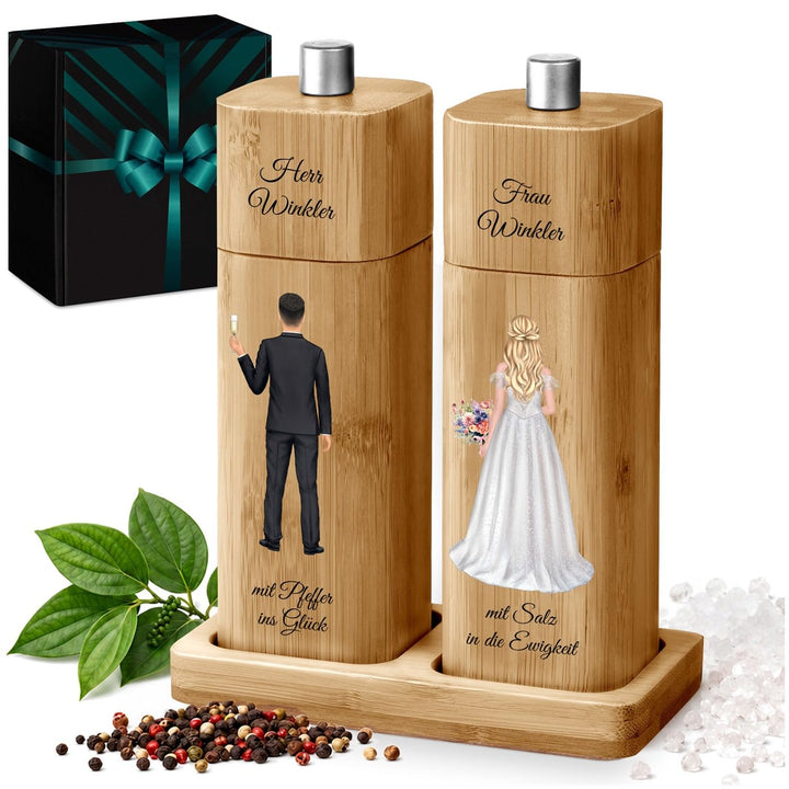 Maverton Bambus Salz und Pfeffermühle mit Aufdruck - Hochzeitsgeschenke für Brautpaar - personalisie