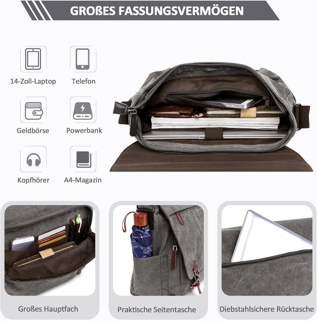 Herren Umhängetasche Mode Schultertasche Leinwand Schultertaschen für 13.3 Zoll Laptop Kuriertasche