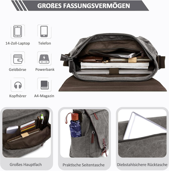 Herren Umhängetasche Mode Schultertasche Leinwand Schultertaschen für 13.3 Zoll Laptop Kuriertasche