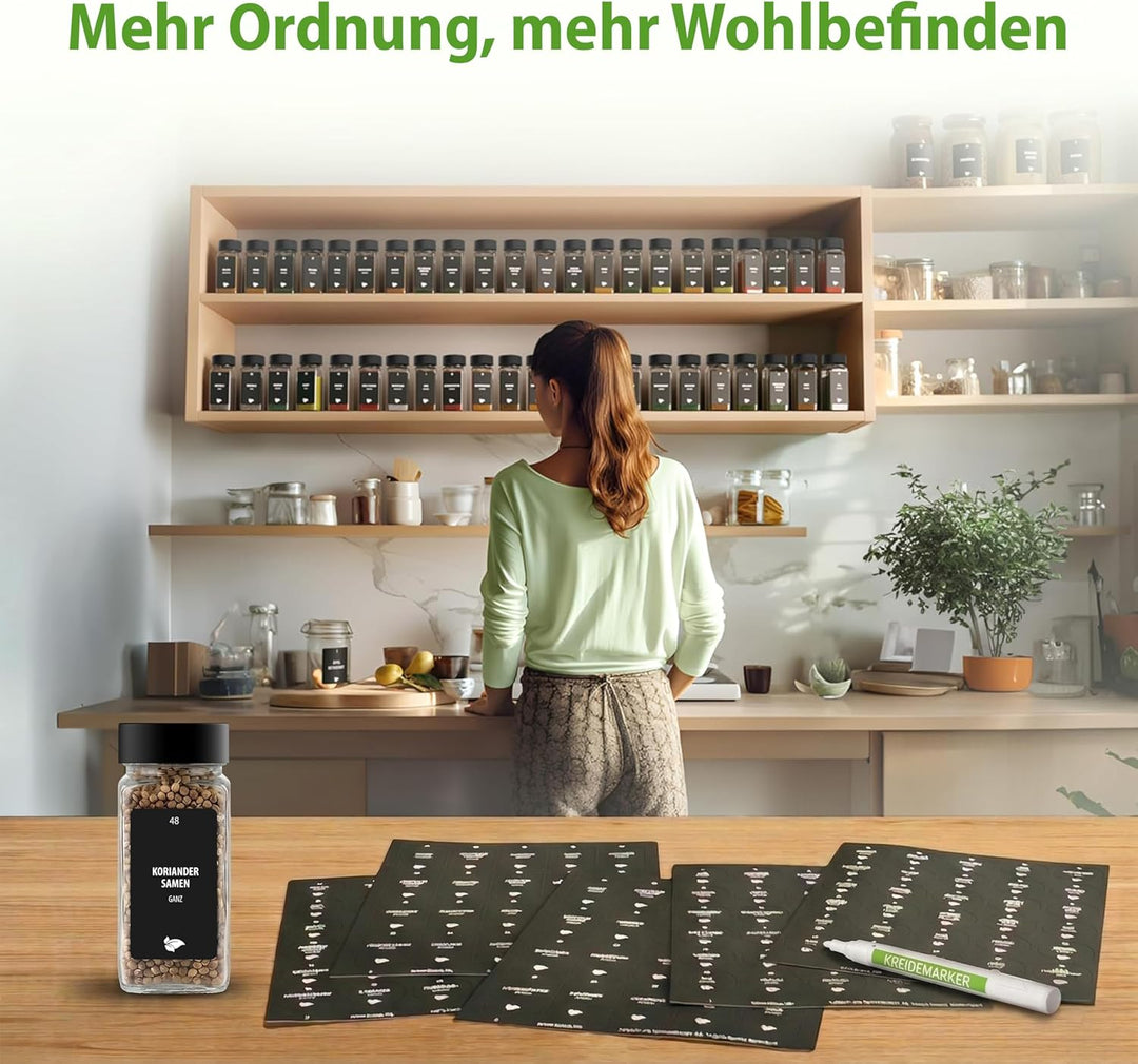LAEVU Gewürzgläser Set Eckig | 24 Stk. 120ml - 10,5 x 4,5 cm | Gewürzstreuer Schwarz mit 350 Gewürze