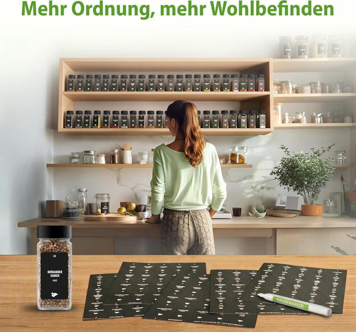 LAEVU Gewürzgläser Set Eckig | 24 Stk. 120ml - 10,5 x 4,5 cm | Gewürzstreuer Schwarz mit 350 Gewürze