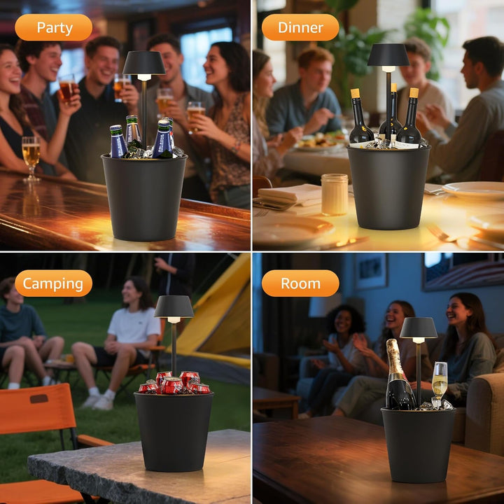 FUYO LED Eiskübel mit Warmlicht – 2-in-1 Tischlampe & Kühler, Spritzwassergeschützt für Champagner/W