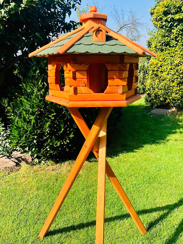 DARLUX Handgefertigtes Sechseck Vogelhaus aus Holz wetterfest M - XXL mit und ohne Ständer I Futterh