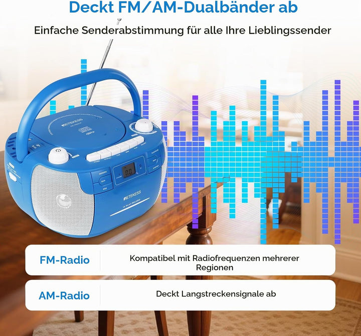 Retekess TR621P CD Player mit Kassette, Kassettenspieler, AM FM Radio, Drahtlose Verbindung, USB/TF/